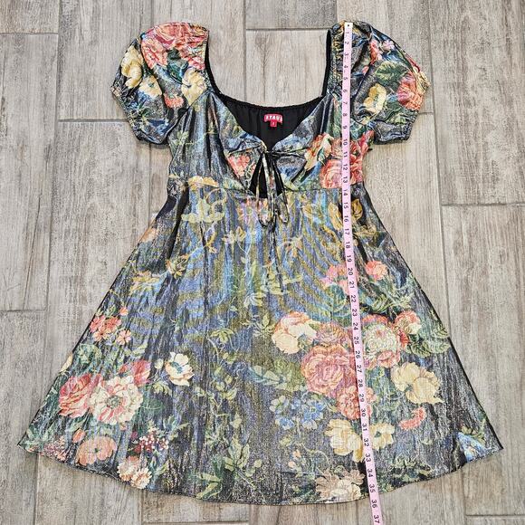 STAUD Camilla Dress  Size 8 Floral Metallic Puff Sleeve Mini Tie Front Coquette - Picture 7 of 16